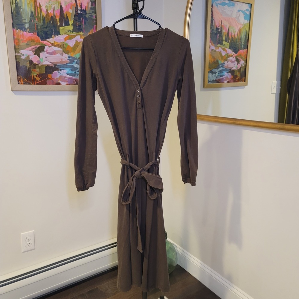 James Perse Standard Brown Henley V-Neck Long Sleeve Belted Midi Dress Womens 2